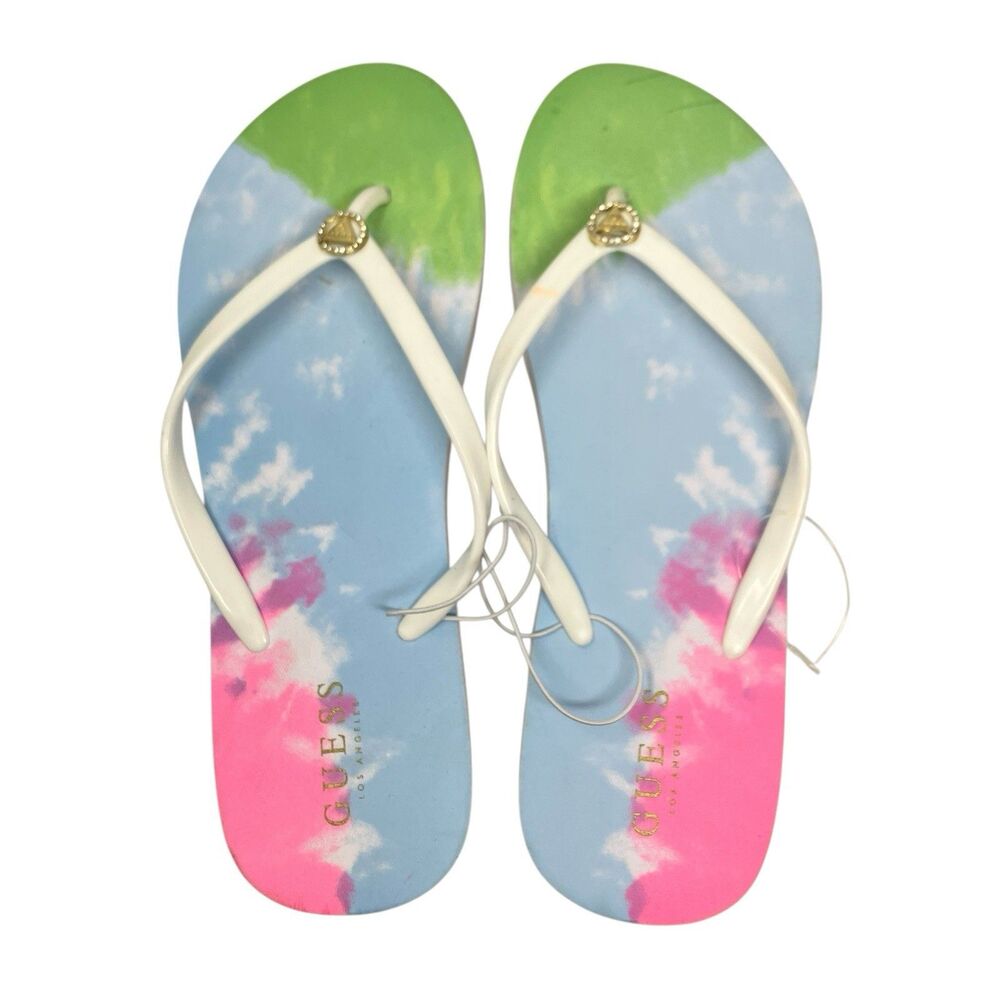 Guess Flip Flops Womens 11 Blue Pink Tie Dye Logo Sandals Summer Beach Vacation